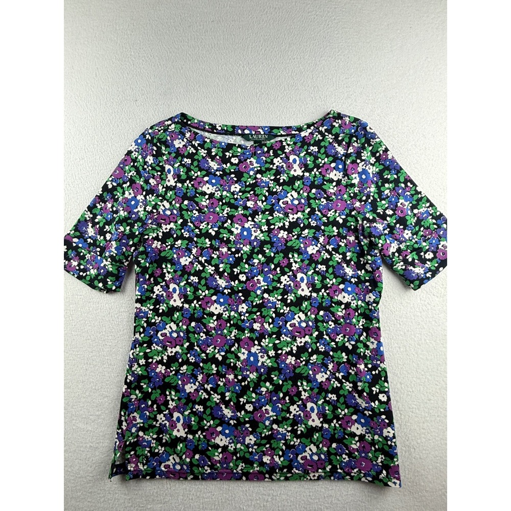 Lauren Ralph Lauren Womens Floral Boat Neck Short Sleeve Jersey Top Black L